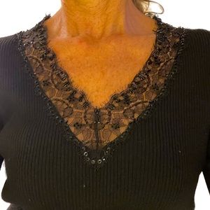 Ann Taylor classic V neck long sleeve sweater lined with lace & beads M